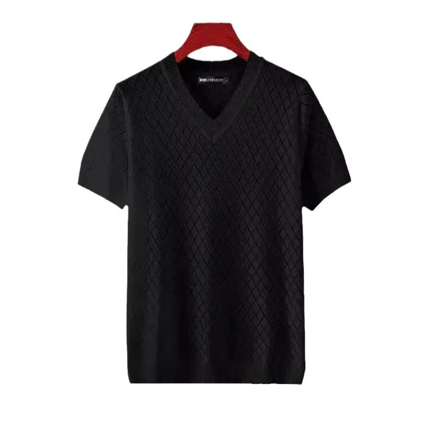 Men's ice silk V-neck t-shirt with cut-out detail in black colour, plus size Korean style summer casual top