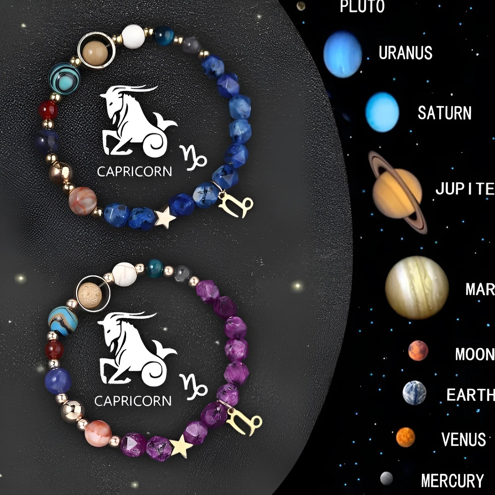 Set of two natural stone beaded bracelets with metal zodiac charms on a dark background.