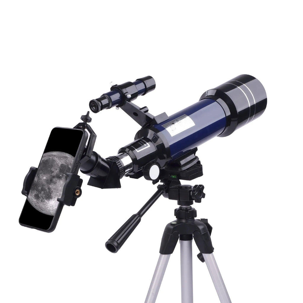Dark blue children's astronomical telescope on a tripod with 16X-66X magnification.