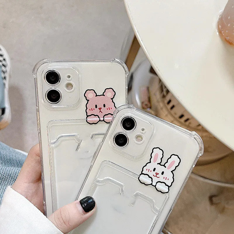 Cartoon design transparent TPU iPhone case with built-in card holder slot on the back.