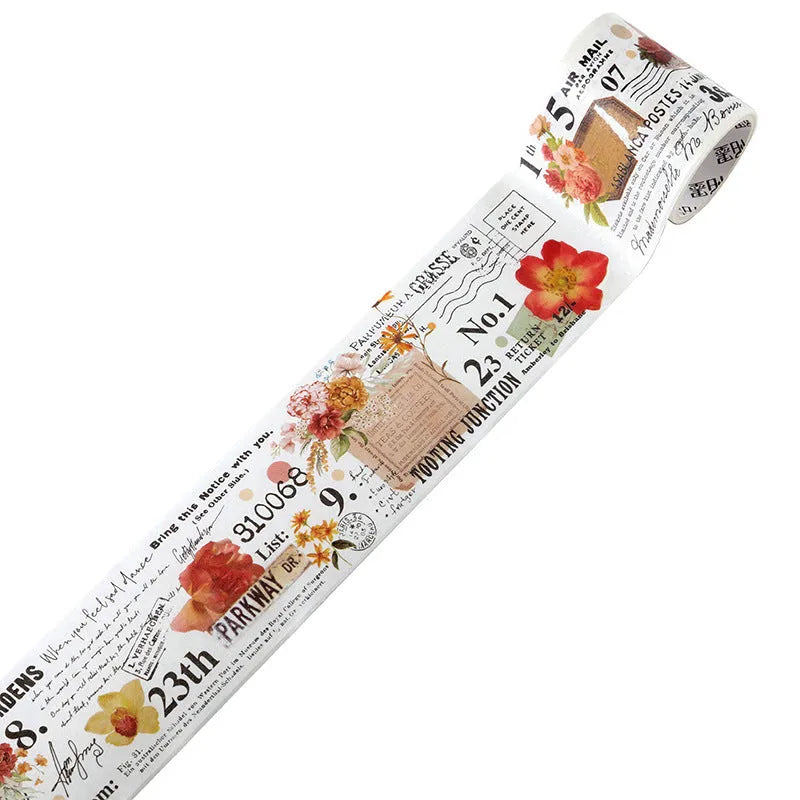 Roll of vintage floral watercolour decorative paper tape with Japanese paper backing, showing 2m length.