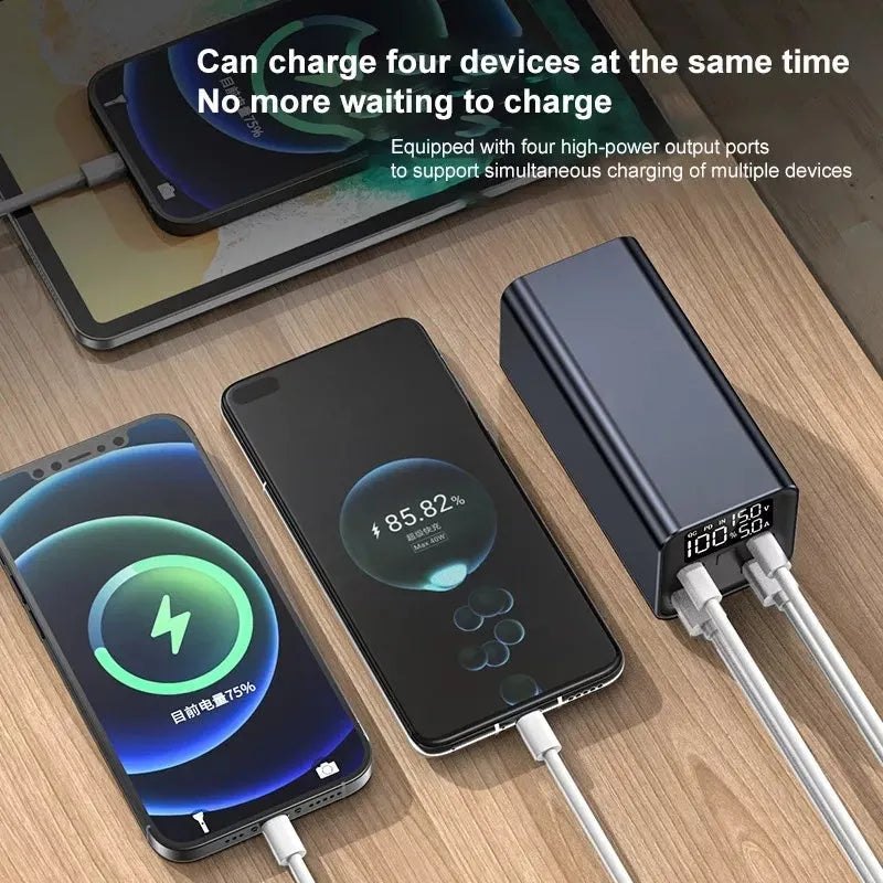 Black high power 65W metal laptop charging bank showing size and ports.