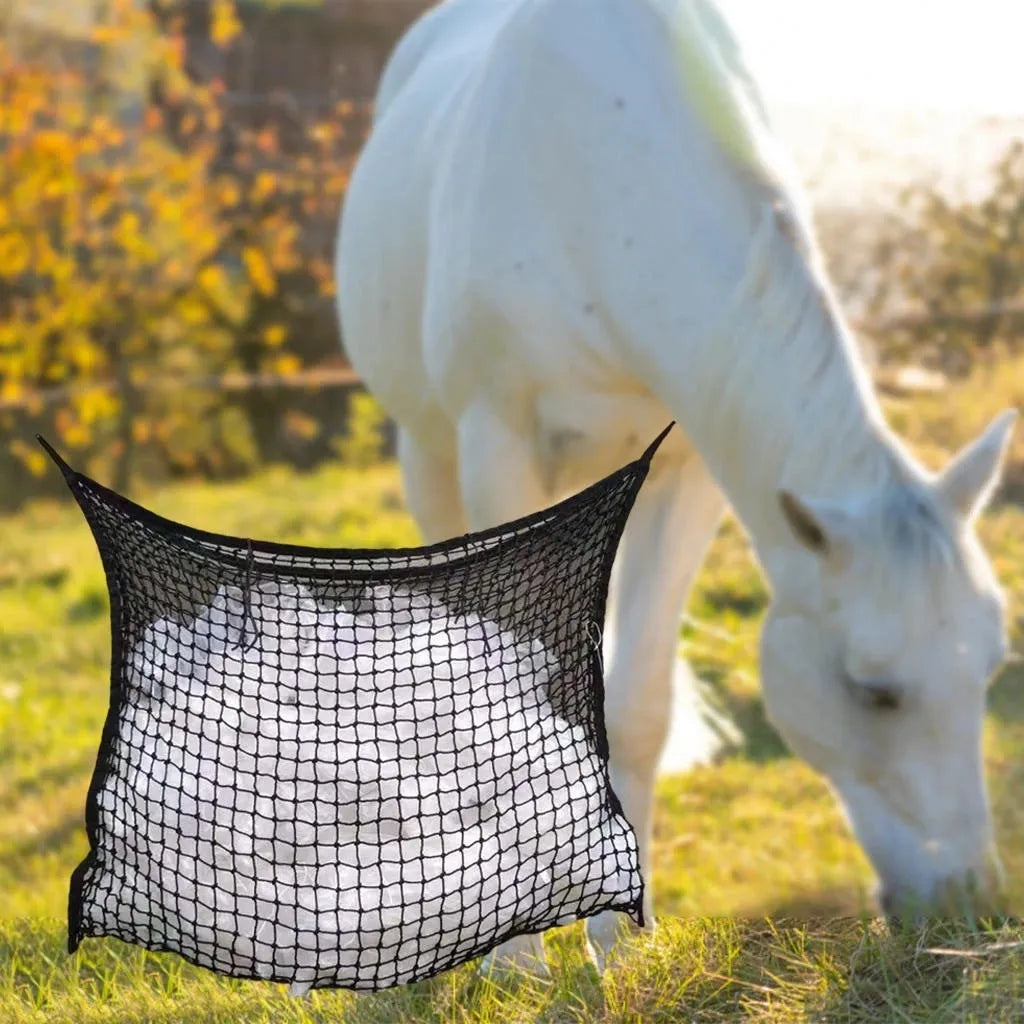 Woven PE rope livestock feeding bag hanging with grid design for cattle horses sheep
