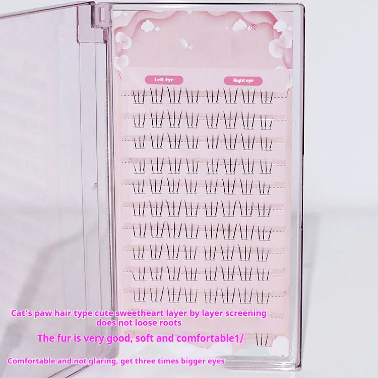 12-row segmented false eyelash strip with sheer roots and 4mm, 5mm, 6mm lengths in a pointed tail style.