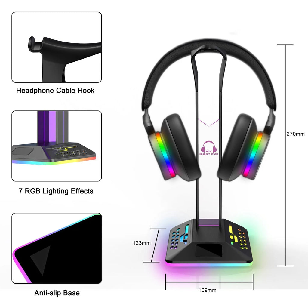 RGB colour changing headphone display stand with dual USB ports on a desk