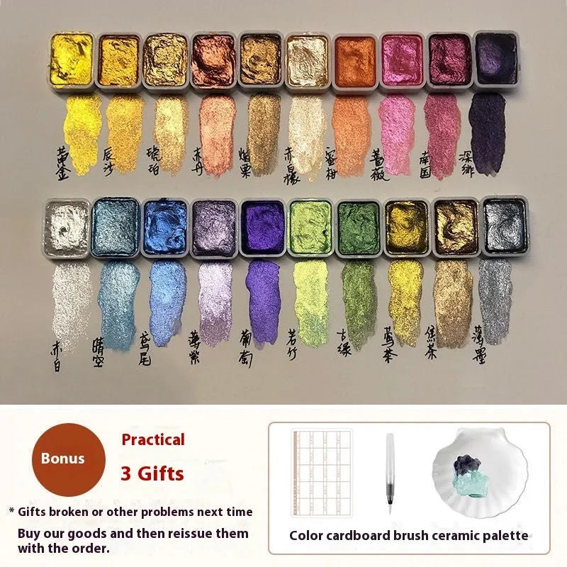 Traditional Chinese painting mineral pearlescent watercolour set showing tubes of 20 colours plus red and white gold