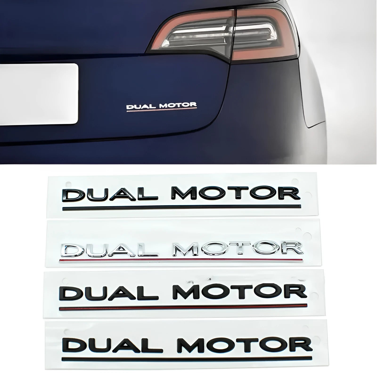 Tesla Model 3 black and red ABS plastic bumper sticker measuring 19cm by 3cm.