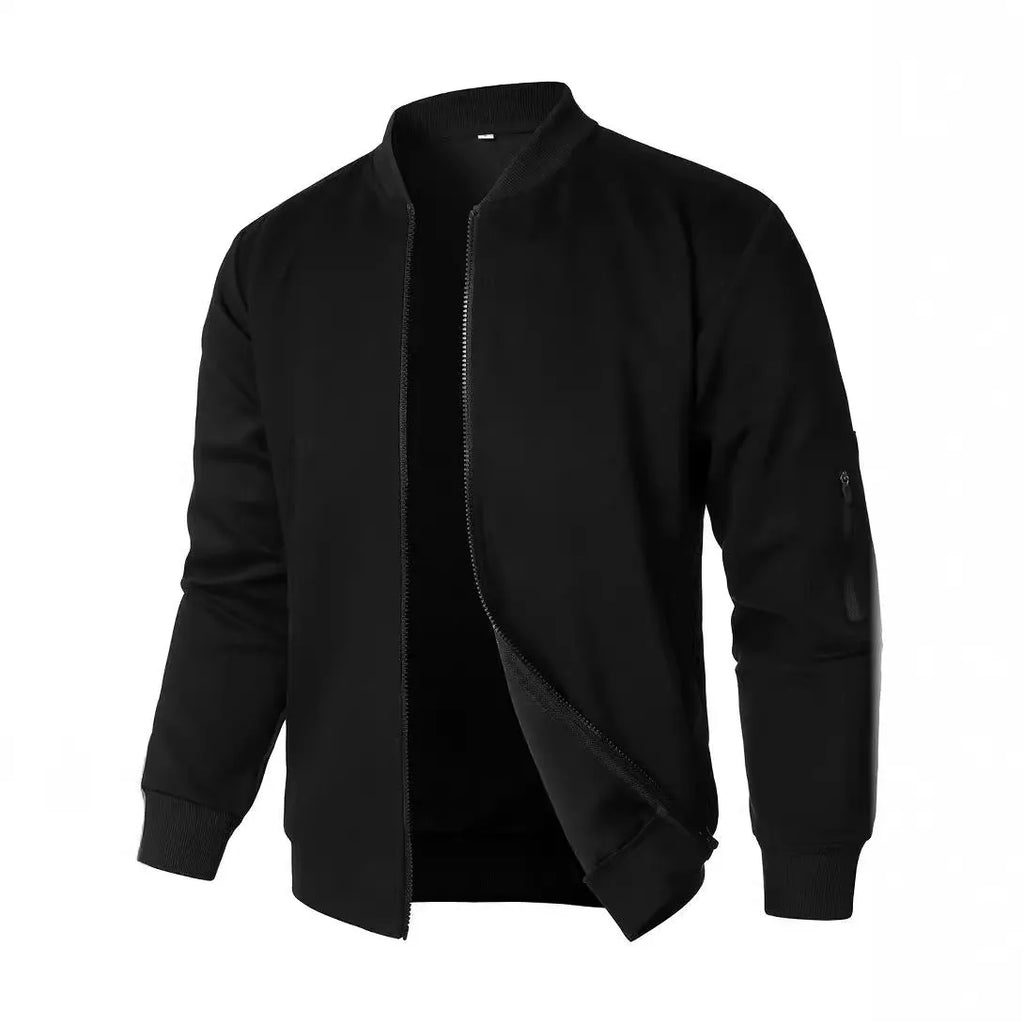 Men's loose fit long sleeve knitted jacket in cotton, shown in black, blue, or grey.