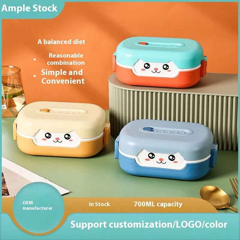 Square plastic lunch box with divided compartments in dark blue, pink and green, or orange yellow colours