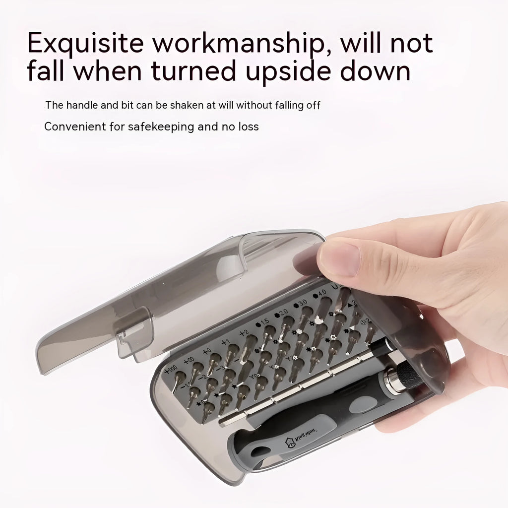 32-in-1 screwdriver set with 30 bits in grey PP plastic case showing handle and bit selection
