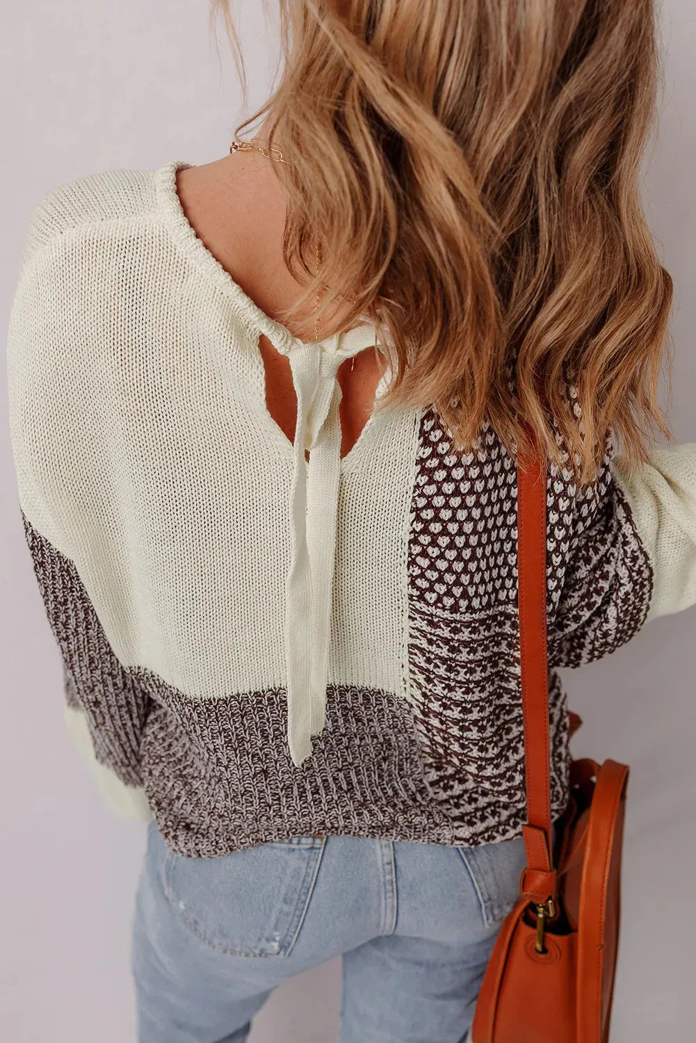 Dark khaki colour block loose knit sweater with drop shoulders and back tie detail
