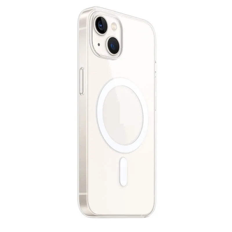 Transparent magnetic phone case for iPhone with visible MagSafe magnet ring on clear back cover.
