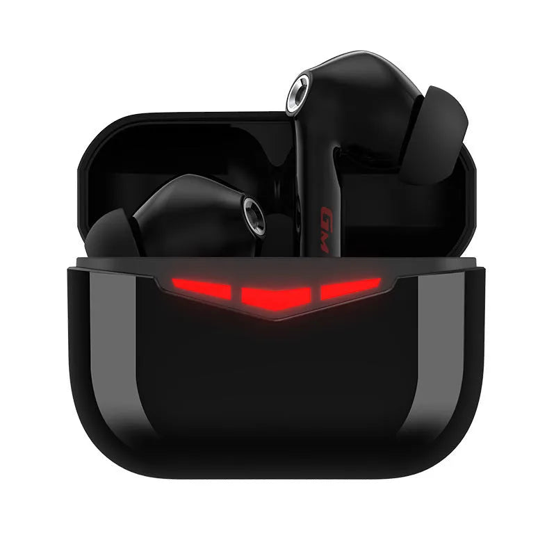 True wireless black in-ear gaming headphones with a white charging case and spare ear tips