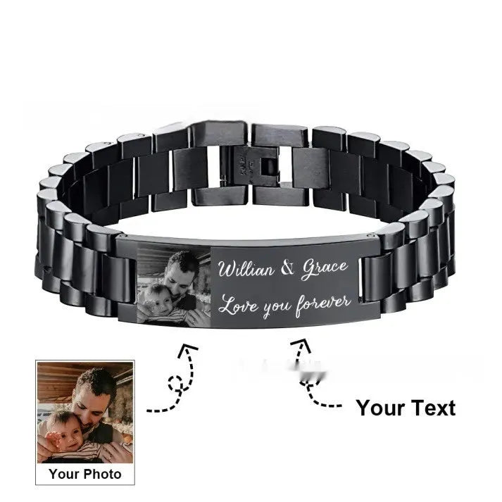 Men's titanium steel curved heart shape bracelet with black lettering.