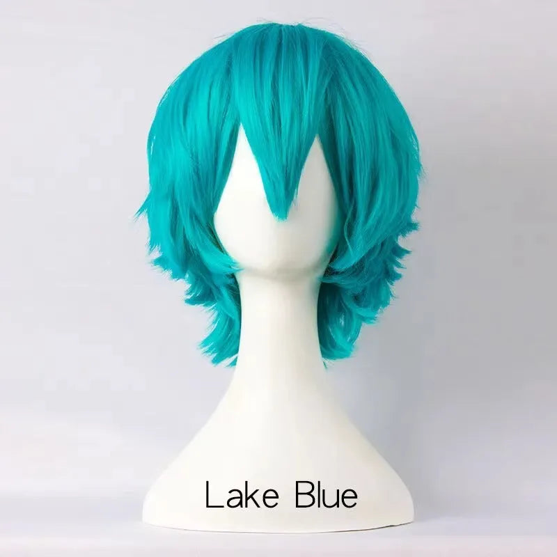 A short-style anime cosplay wig for men in a selected colour, showing its lengthened hair tail.