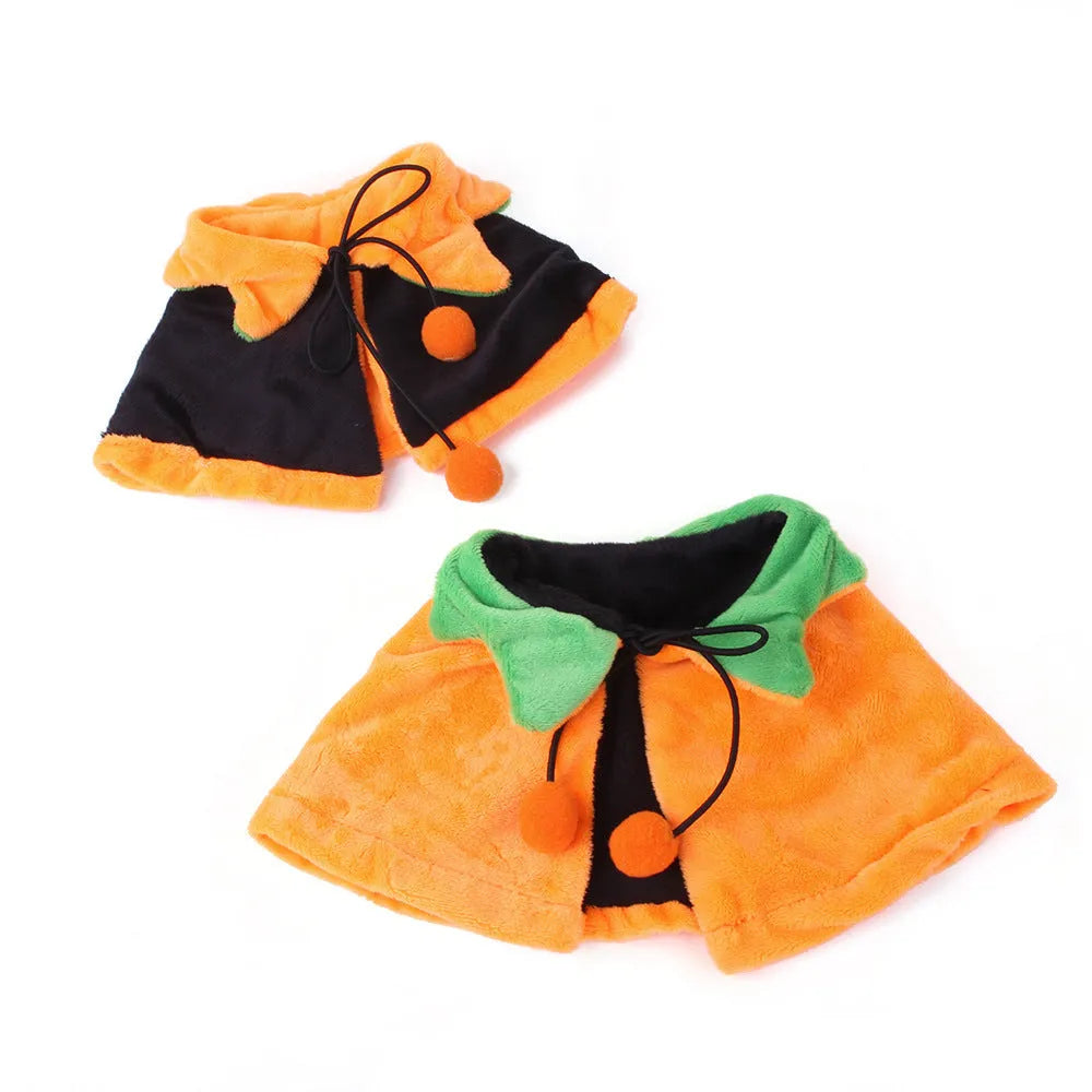 Orange plush Halloween cloak with pumpkin design on a dog, showing cloak and matching hat options.