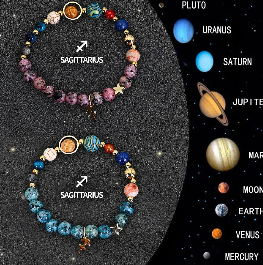 Set of two natural stone beaded bracelets with adjustable strings, showcasing zodiac constellation styles.