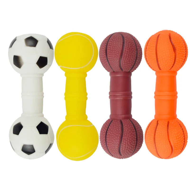 Football dumbbell shaped dog squeaky chew toy in PVC material showing brown, orange, white and yellow colour options
