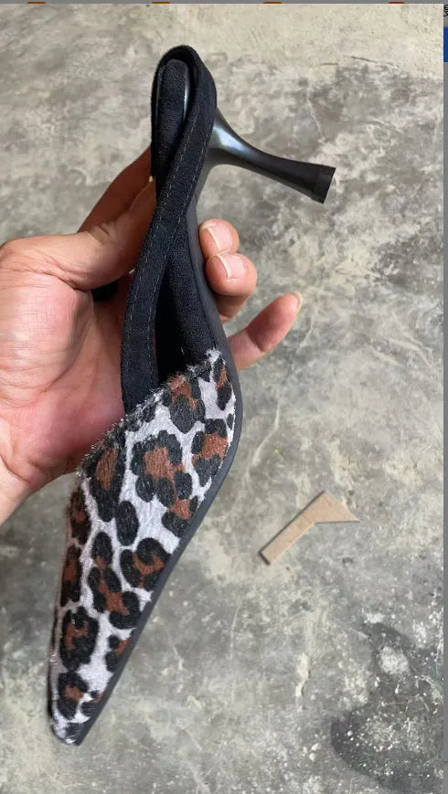 Leopard print women's pointed toe suede sandals with high heels
