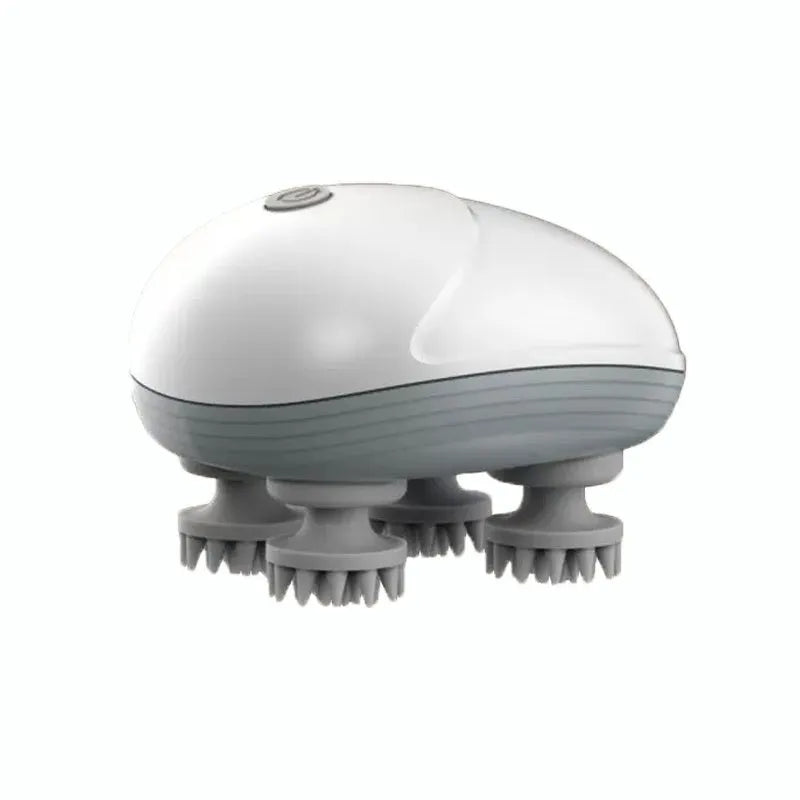Blue handheld electric pet massager with four rotating silicone heads on a white background.