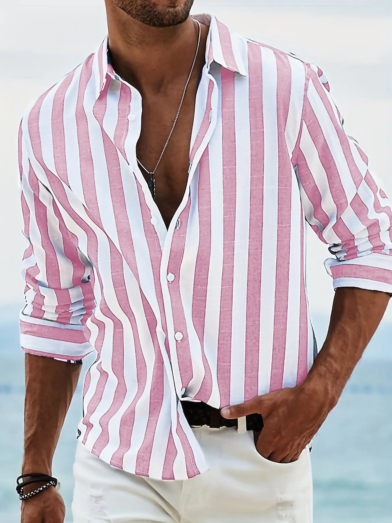 Men's yarn-dyed striped casual long sleeve shirt in British style loose cardigan fit