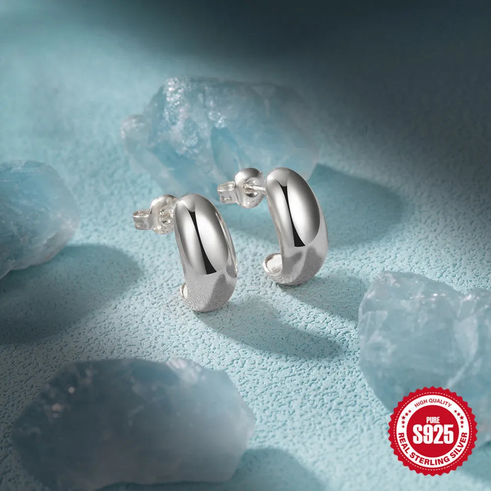 S925 sterling silver C-shaped stud earrings with electroplated gold or white gold finish