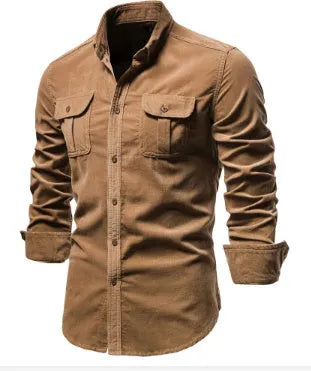 Men's long sleeve linen button-up shirt in denim blue, shown with Asian and international size options.
