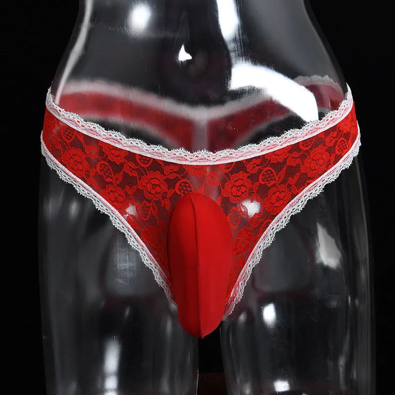 Men's black lace triangle briefs with vertical pouch design and low waist