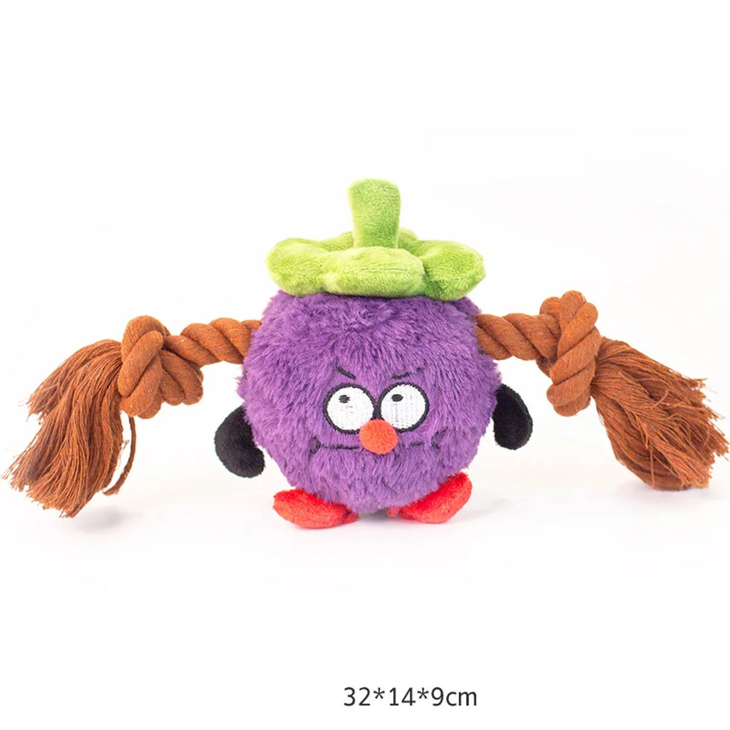 Green and purple interactive plush dog toy with rope knot and molar tooth design for tug of war.