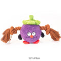 Green and purple interactive plush dog toy with rope knot and molar tooth design for tug of war.