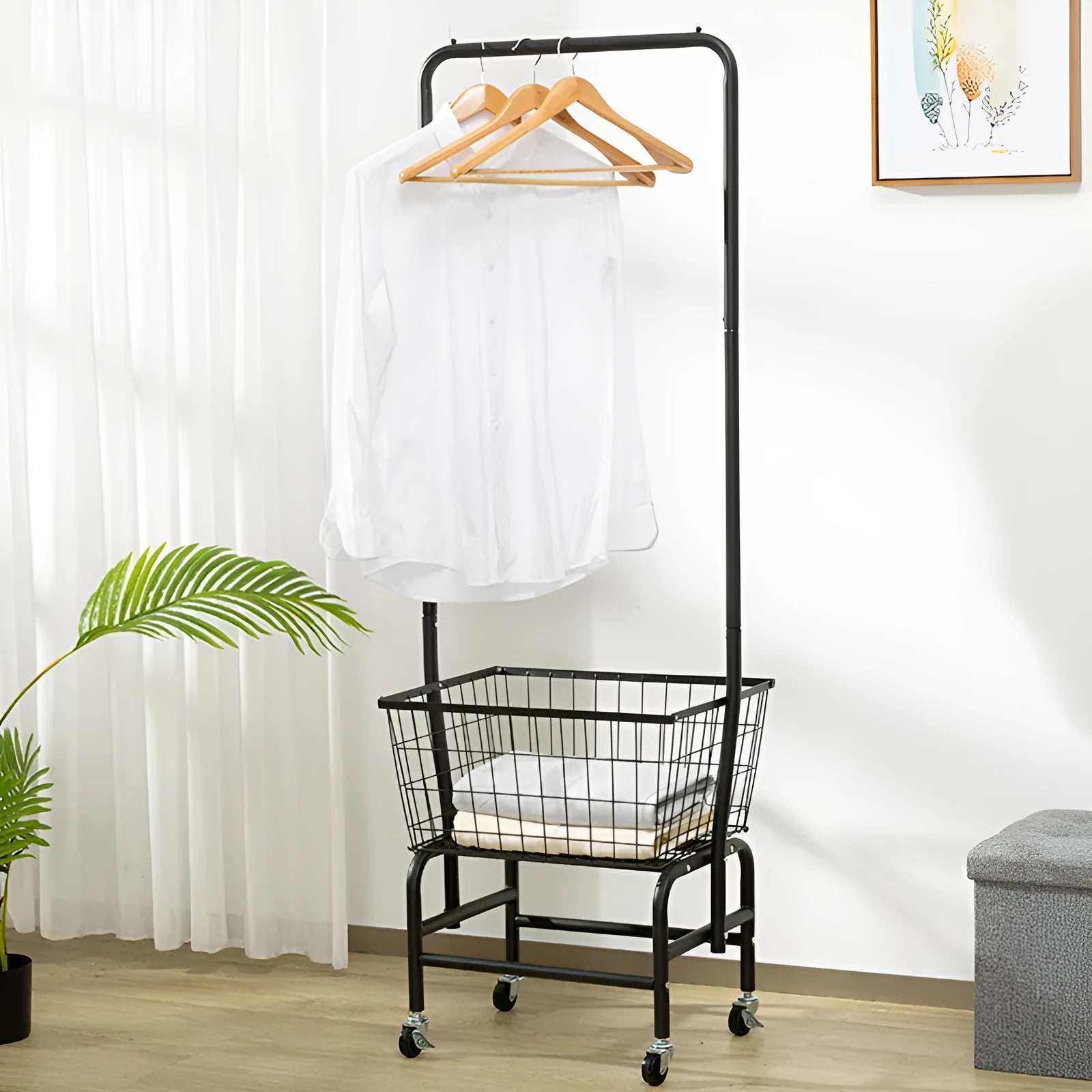 Iron single rod pulley storage car for hanging clothes with adjustable height mechanism in black or white finish