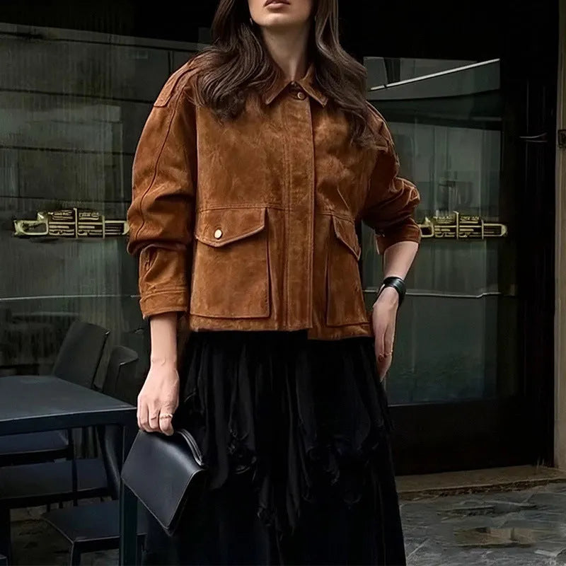 Women's brown suede coat with regular sleeves in street-chic style, showing polyester construction