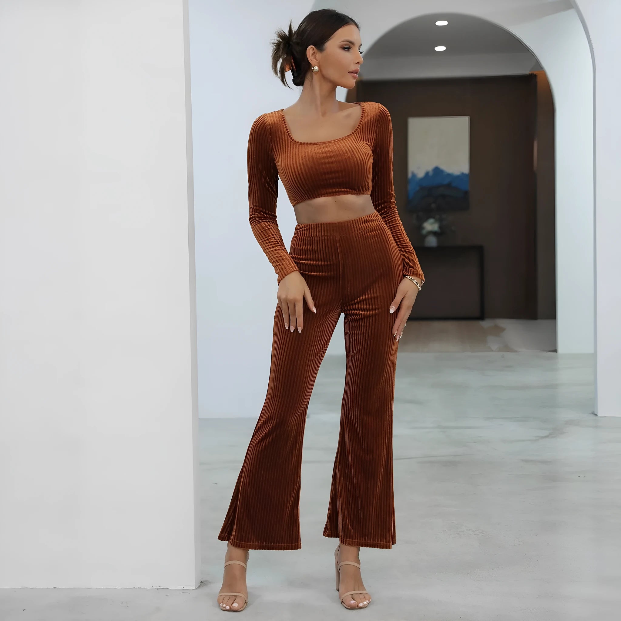 Caramel coloured long sleeve sweater casual set with matching top and trousers on hanger