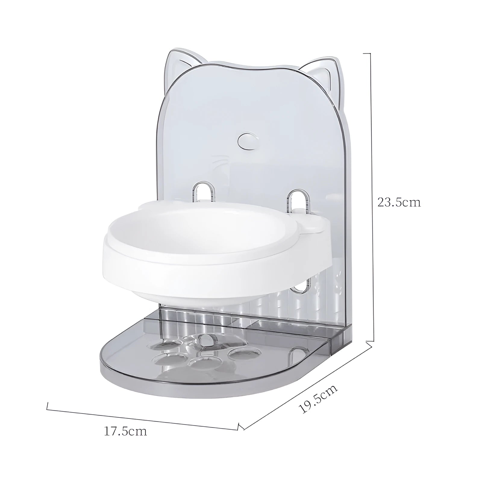 Grey cat ear design pet bowl with removable hanging cage attachment on white background