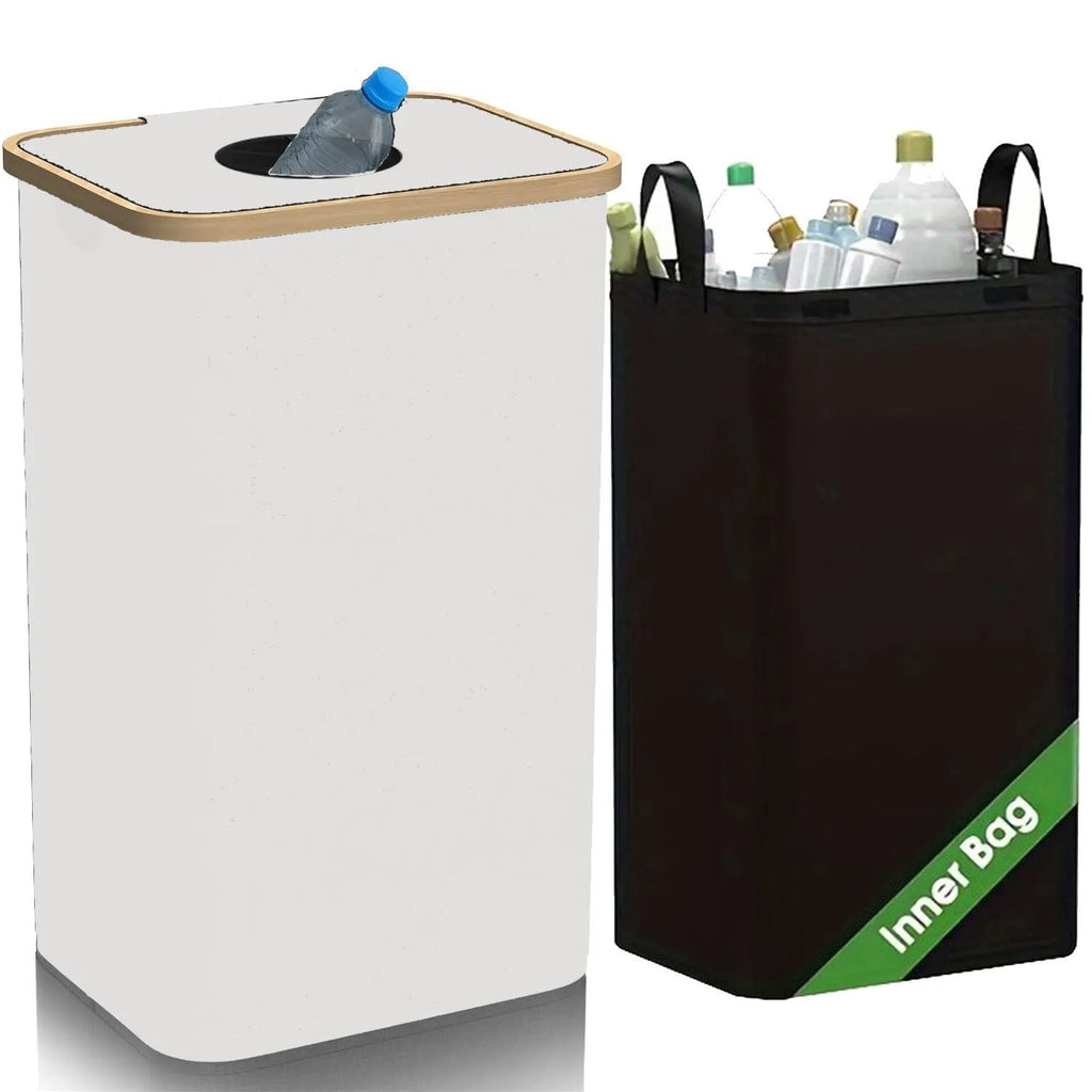 Black bamboo laundry basket with removable lid showing dual inner pockets and ventilation holes