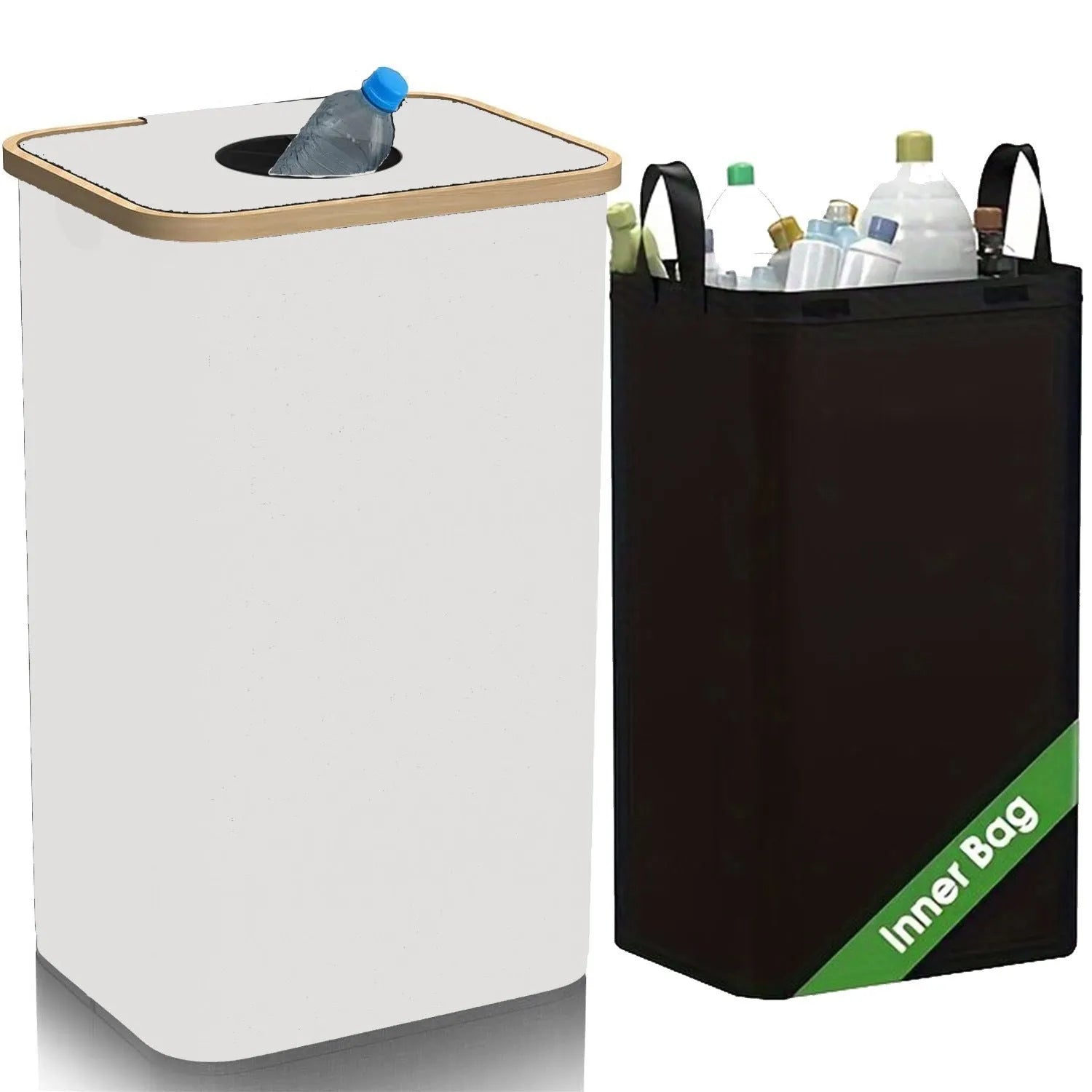Black bamboo laundry basket with removable lid showing dual inner pockets and ventilation holes