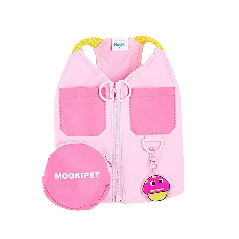Pink polyester pet vest for small dog breeds on mannequin showing adjustable chest closure