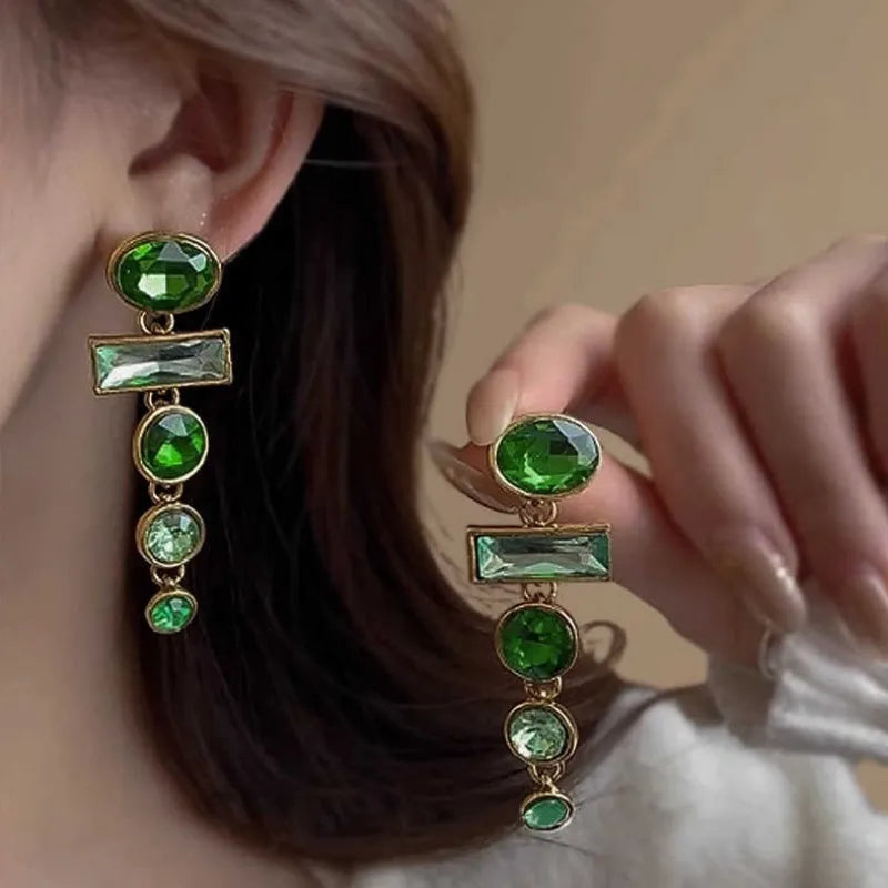 Green gradient geometric earrings with Chinese style design and tassel detailing