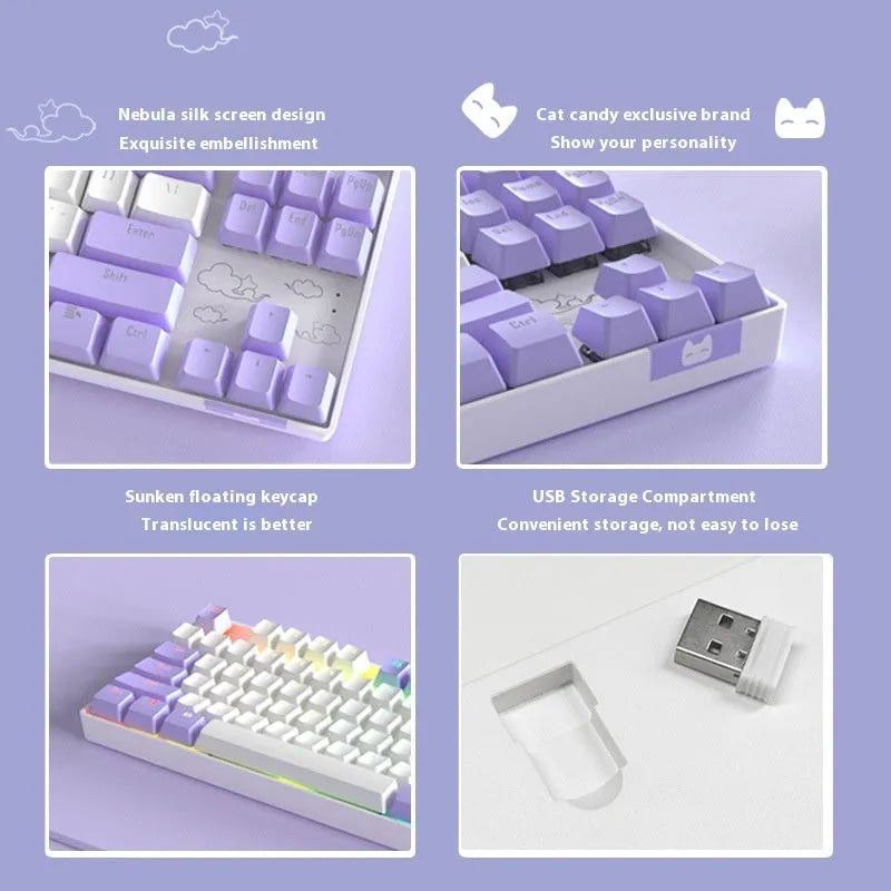 Wireless Bluetooth mechanical keyboard with metal construction in purple-white or blue-white colour options