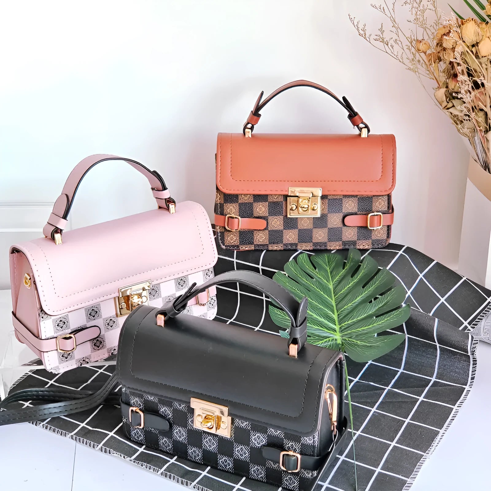 Horizontal square PU leather crossbody bag with ethnic pattern and file compartment