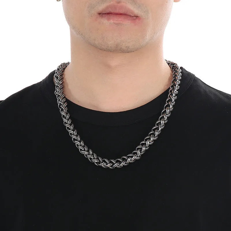 Men's titanium steel geometric keel chain necklace with large hemp flower links in antique silver finish