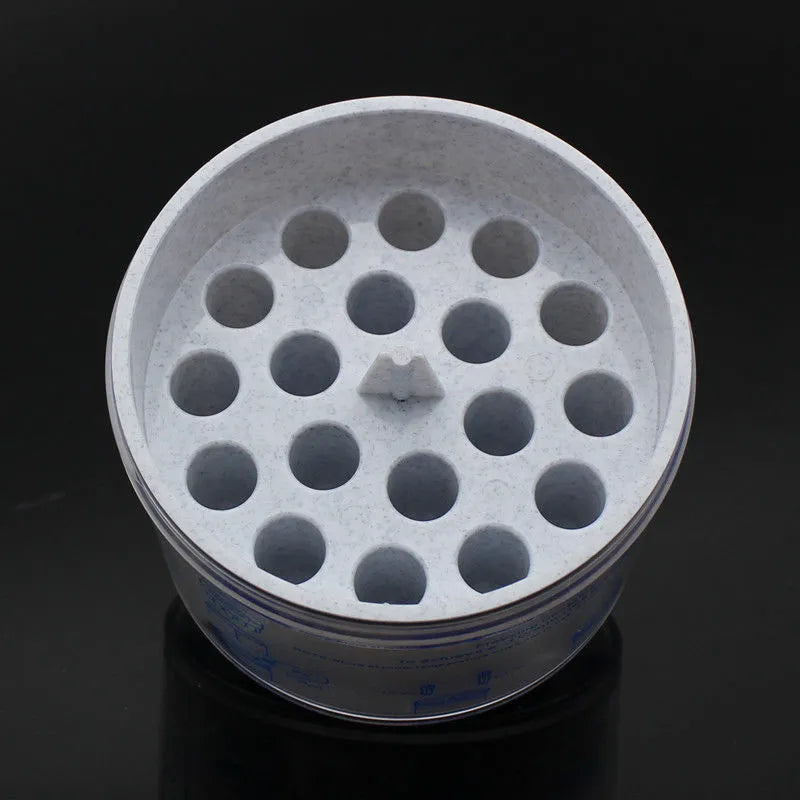 Orange and blue process cooling box for laboratory gradient freezing and cell recovery.