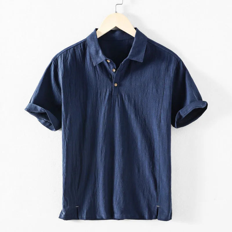 Men's loose fit linen and cotton casual shirt in a solid colour, shown in light grey.