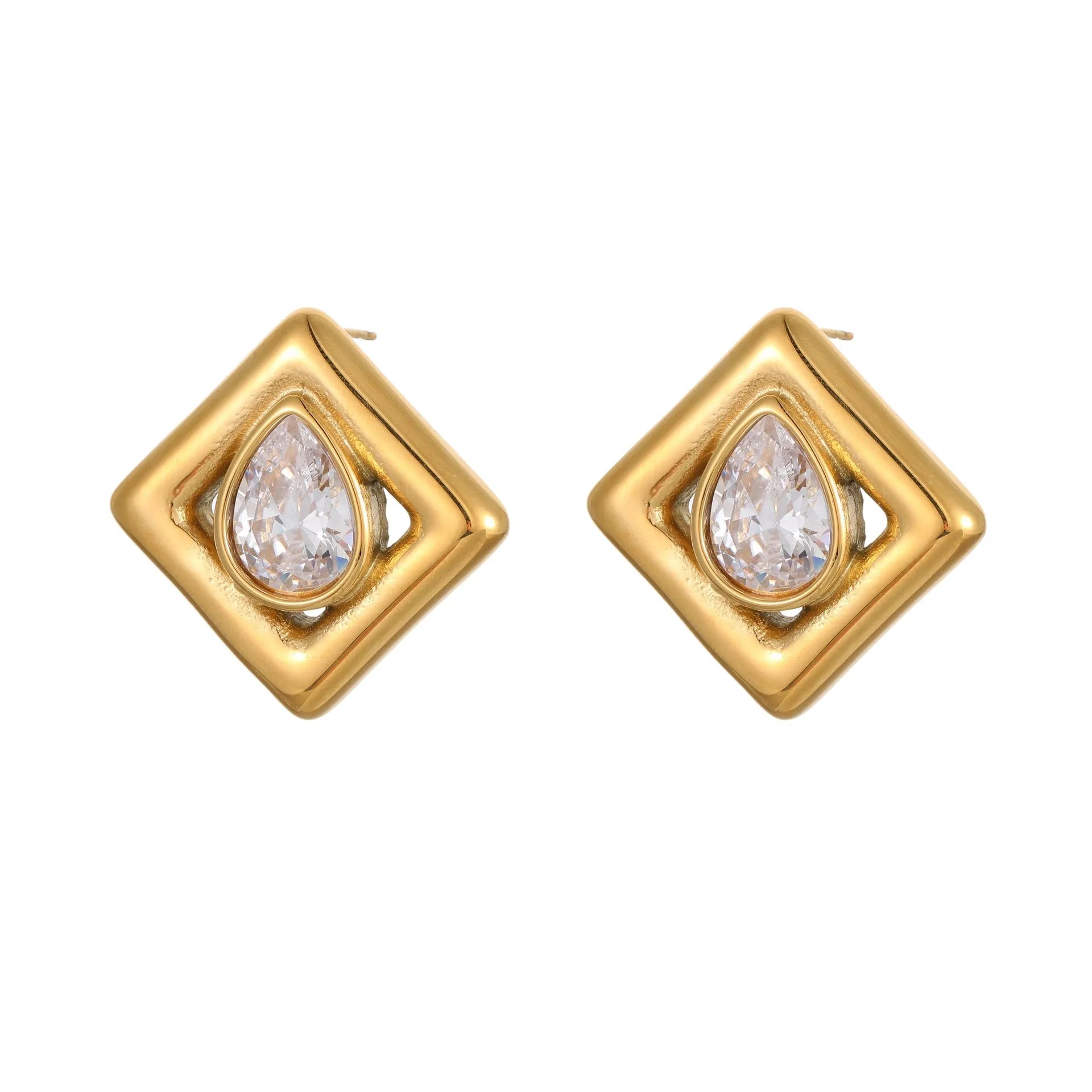 Pair of gold-coloured stainless steel stud earrings with geometric water drop zircon stone inlays.