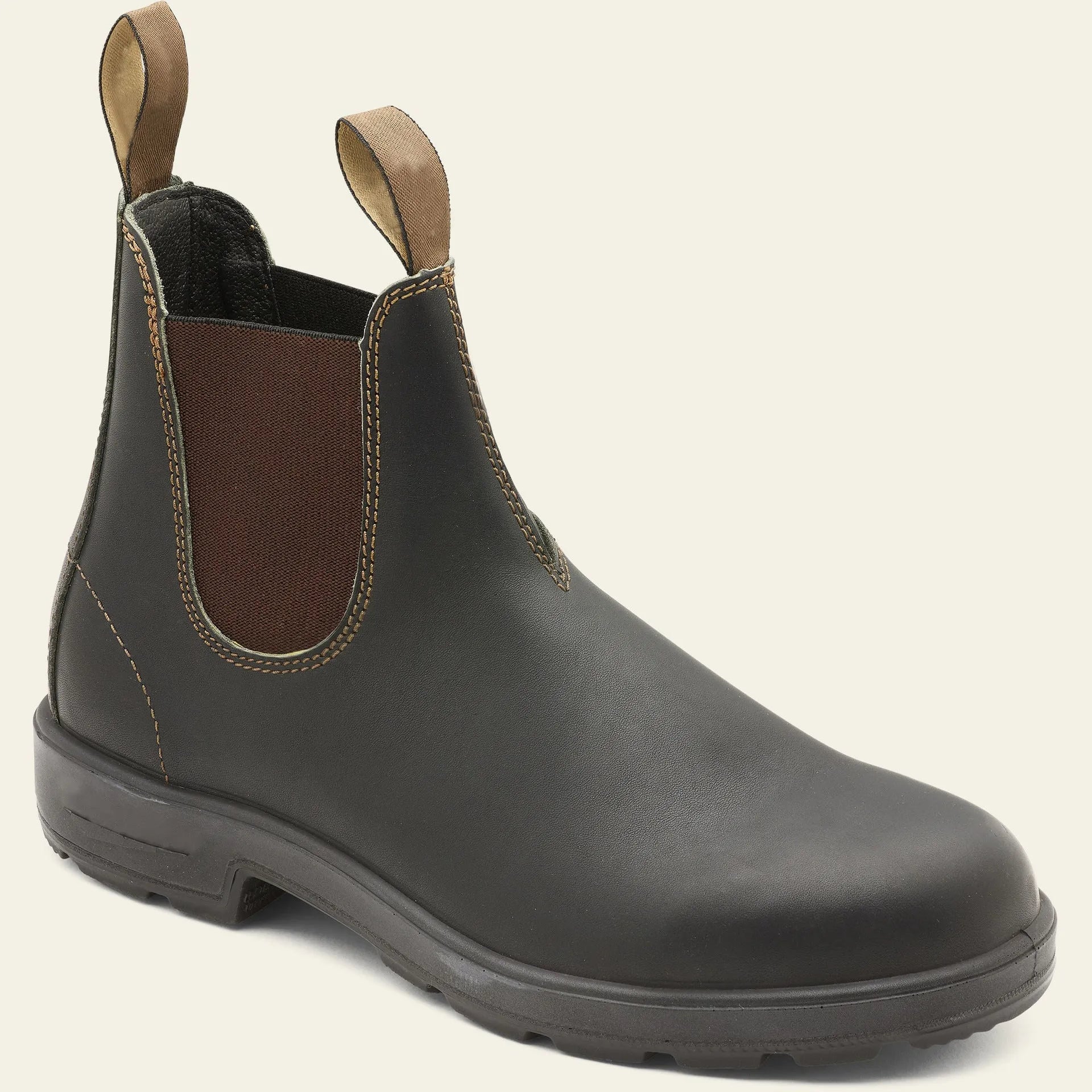 Vintage frosted brown Chelsea boot with round toe and mid-calf height on a neutral background.