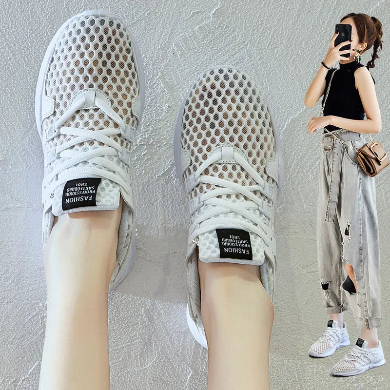 Low-top casual sneaker with a white mesh upper featuring a hollow breathable design and a flat EVA sole.