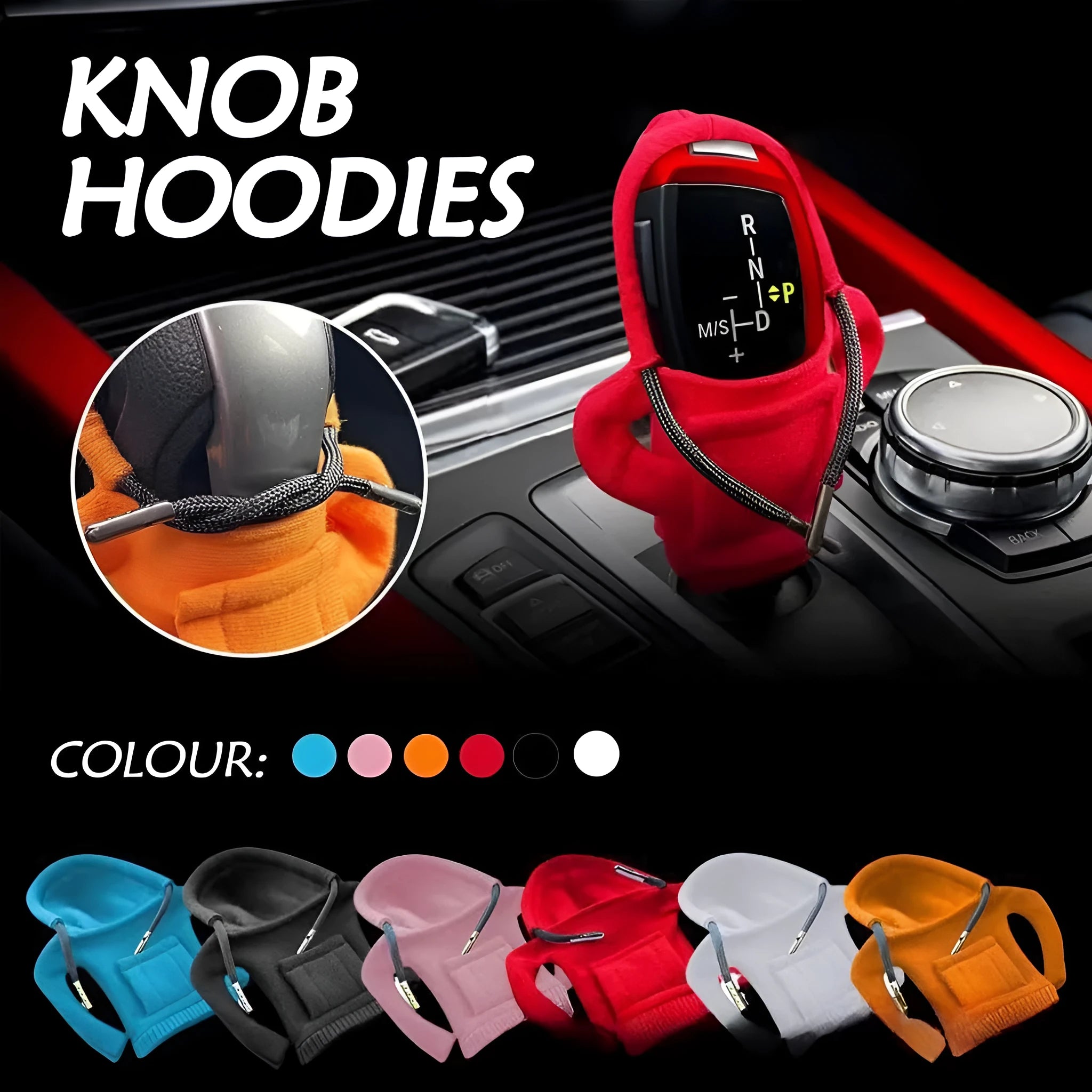 Soft Dutch velvet car gear handle cover in multiple colours on a gear stick.