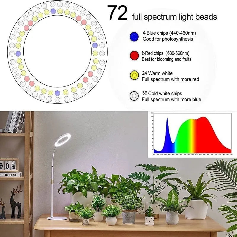 6-inch silver angel ring LED plant grow light on a retractable floor stand next to a houseplant.