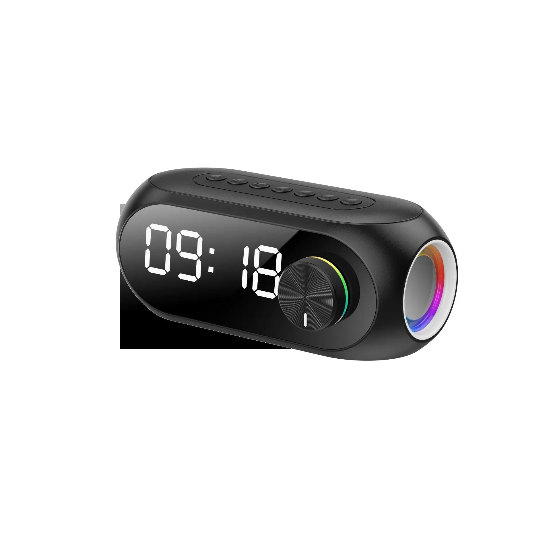 Extra bass portable mini clock in black, white, or blue colours with USB charging cable
