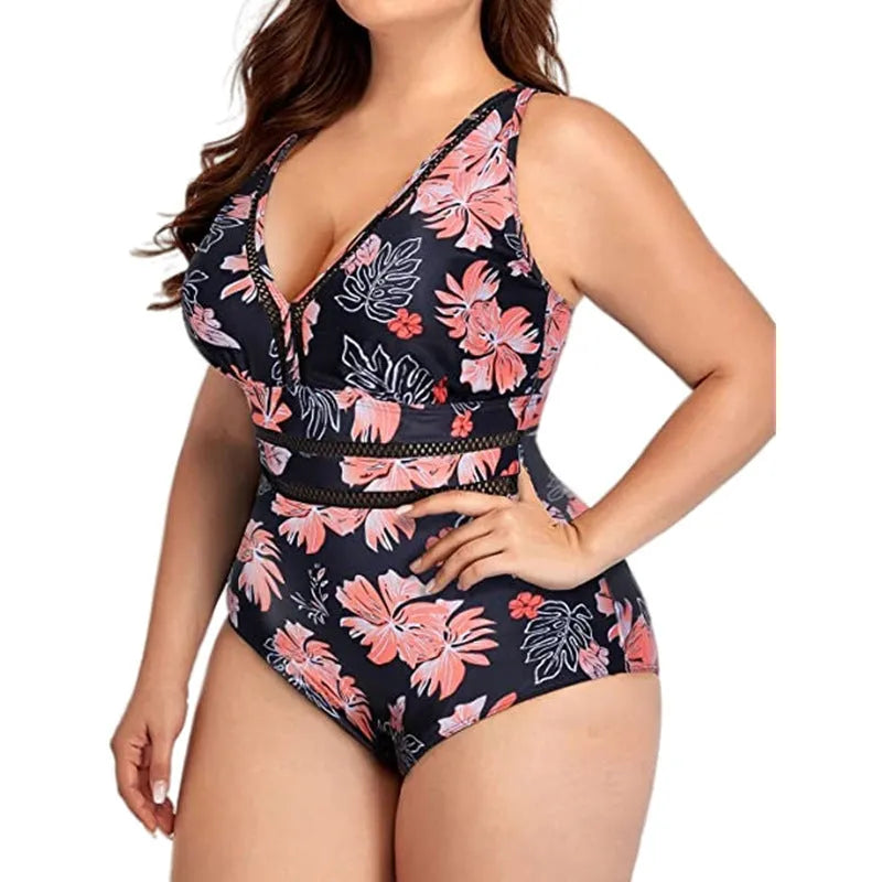Black plus size women's bikini with mesh printing and Siamese stitching in sizes S to 5XL